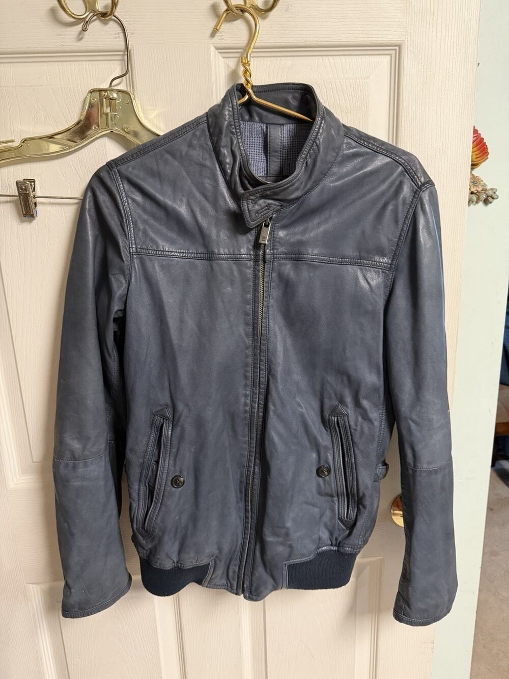 Massimo Dutti Women’s Med 36w Blue Gray Leather Jacket Zip Up Bomber Buckles